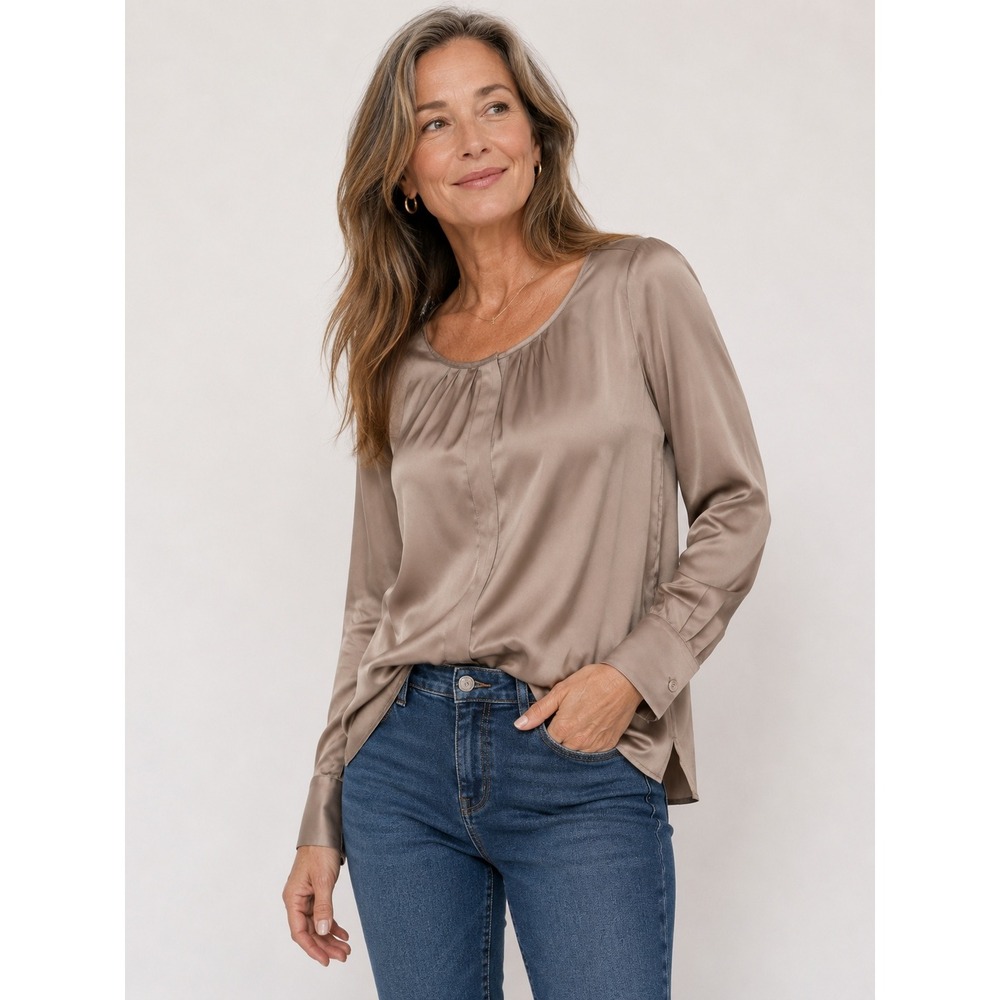 Basler Blouse Womens 8 Beige Silk Satin Long Sleeve Cosy Luxury Tunic Top